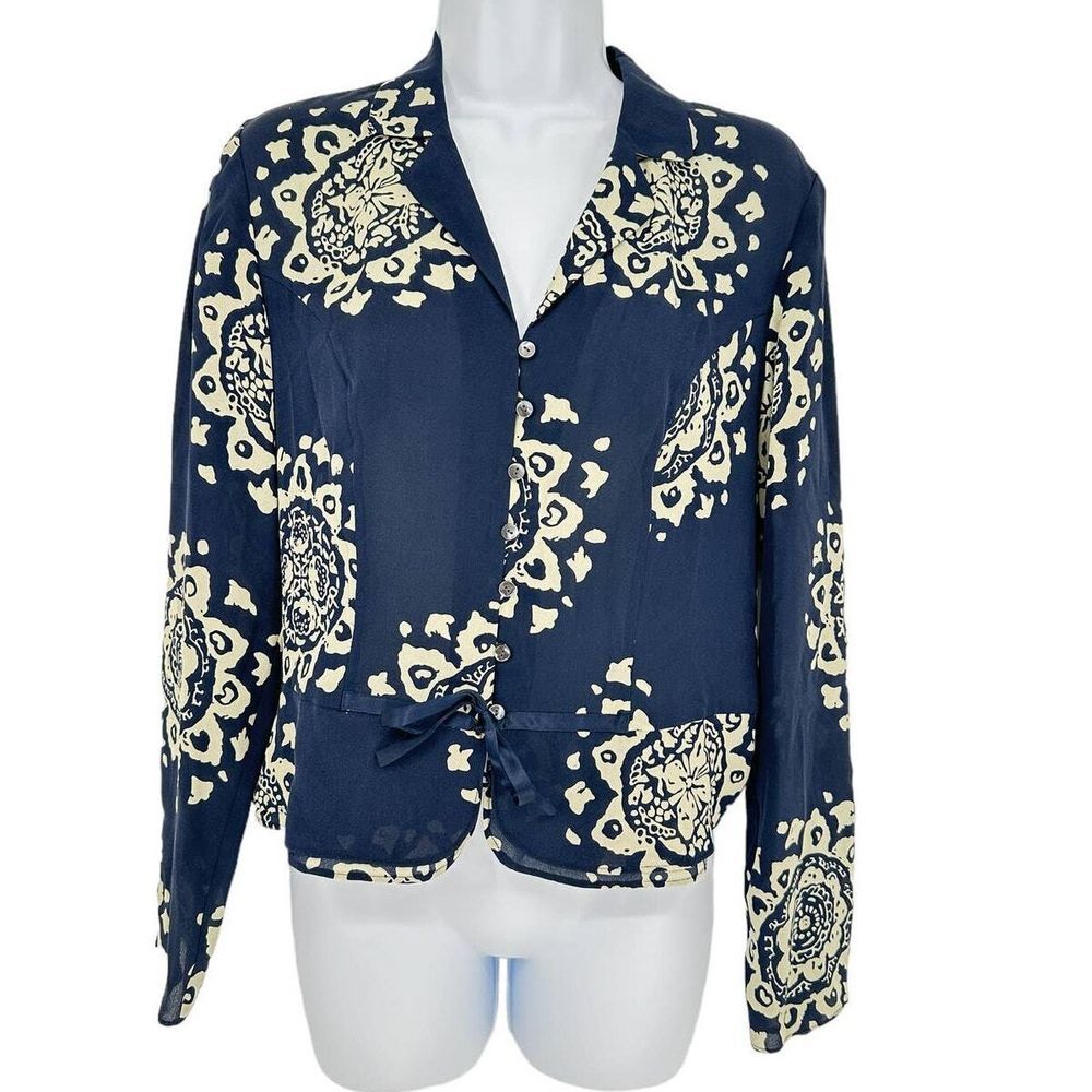 Talbots Pure Silk‎ Women's SZ 4 French Seams Lined Peplum Ribbon Tie Navy Top